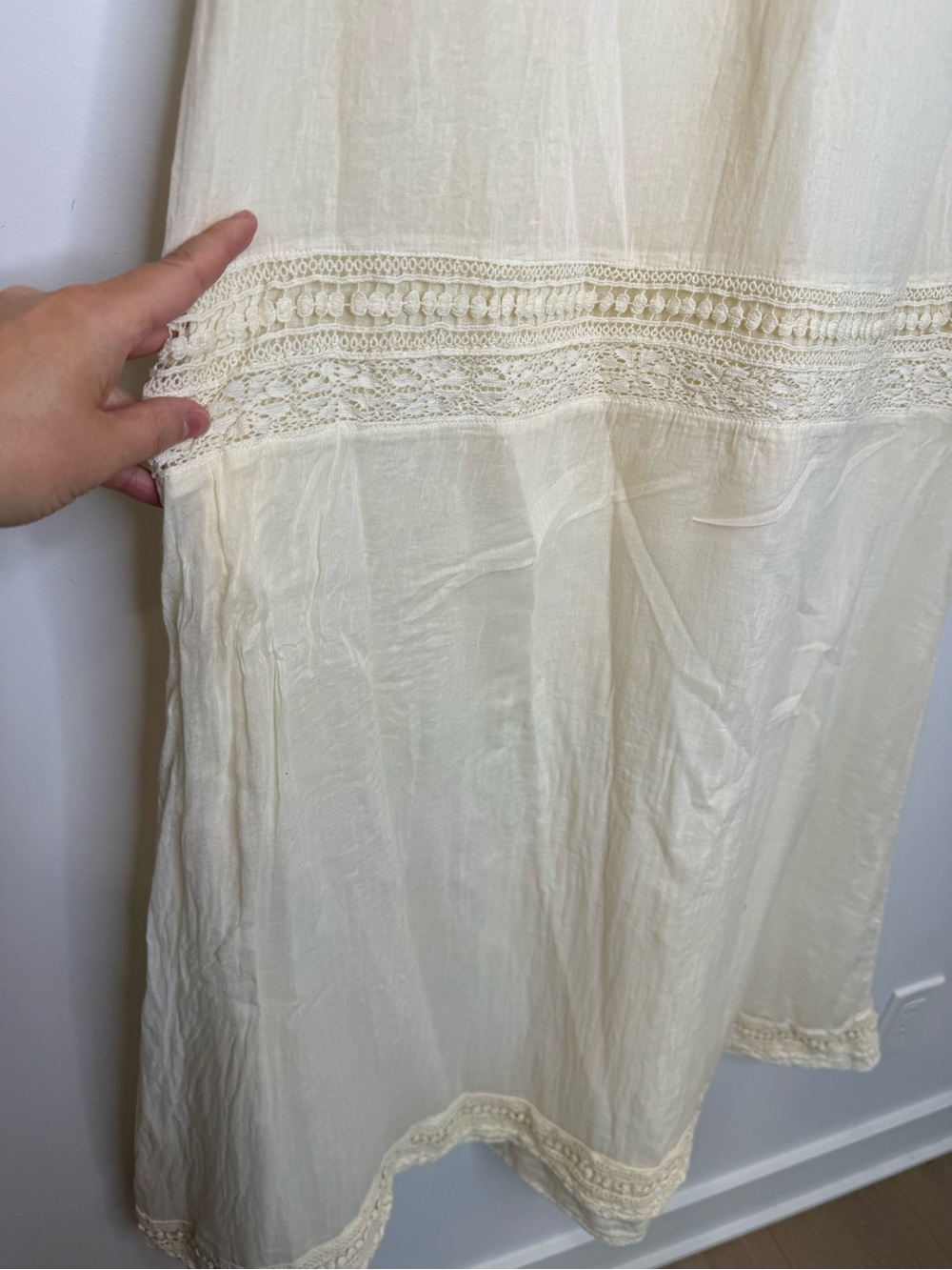 Touché balnéaire Spaghetti Strap Cream Maxi Dress Lace Insets boho cottage sz m - Picture 11 of 11